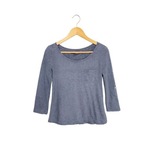 Chico’s Women’s Size 1 (US 8) Blue White Striped Cotton Top | Long Sleeve Button - Picture 2 of 5